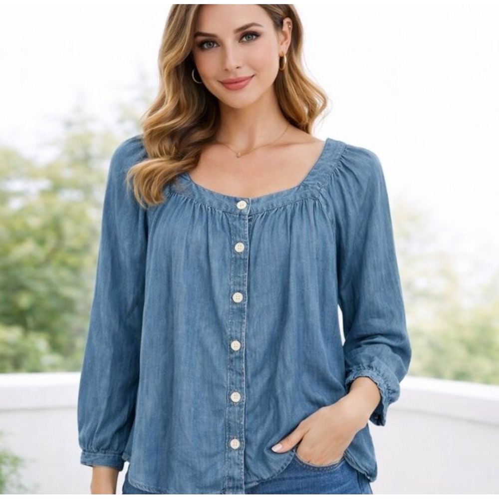Talbots Petite‎ MP Blue Tencel Lyocell Chambray Square Neck Button Front Blouse